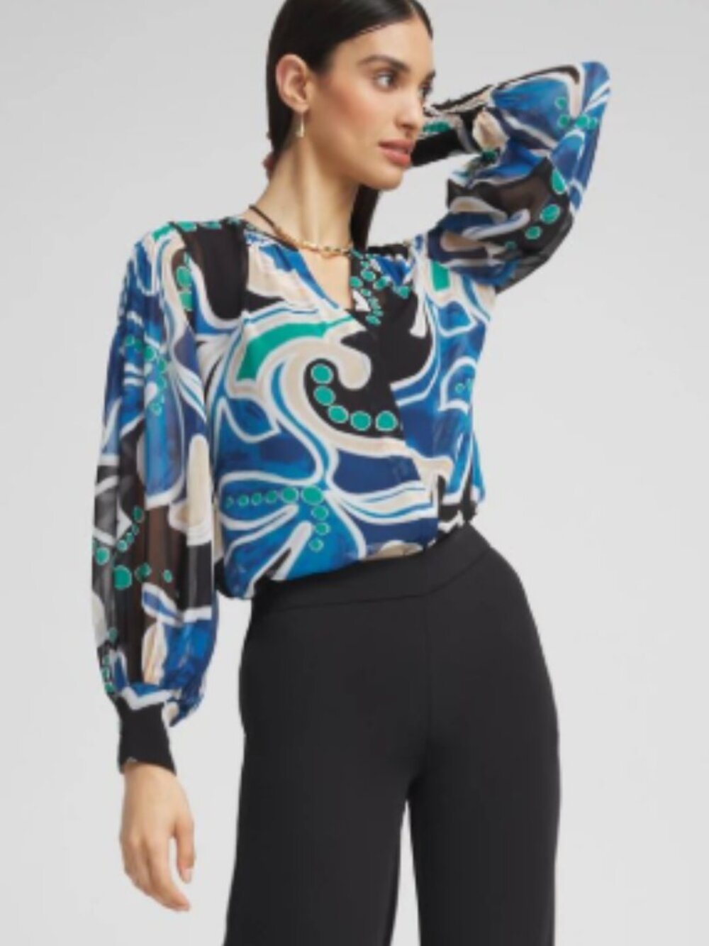 NWT Chico's Pintuck Detail Swirl Print Top Sheer Blue Size Medium Boho